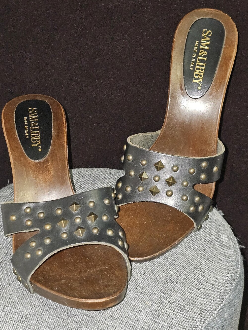 90's Sam & Libby Wooden Studded Leather Slide Mules 3.5" Heel